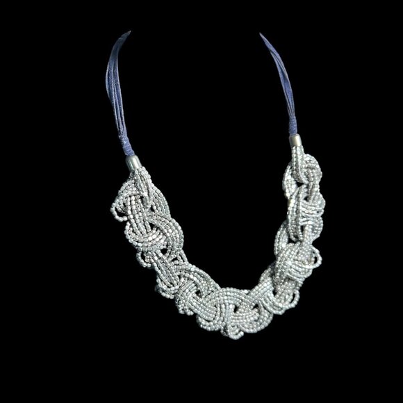 Elegant Silver-Tone Beaded Knot Necklace Boho Chic Artistic Unique Metallic Bold - Picture 3 of 4